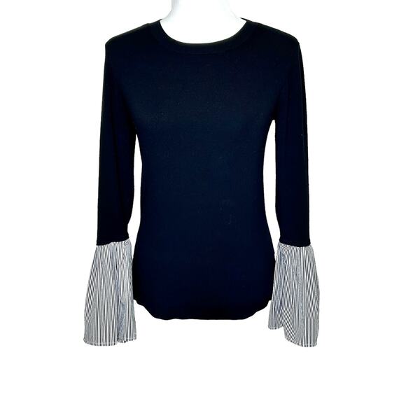 Halogen Sweaters - Halogen Black Sweater Black White Striped Bell Ruffle Sleeve